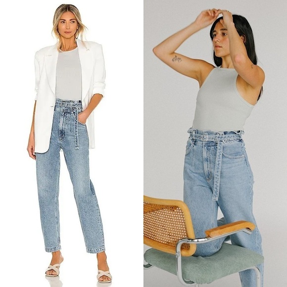 AGOLDE 90s High Rise Belted Paperbag Waist Organic Cotton Denim Tapered Jeans 28 - Picture 1 of 13